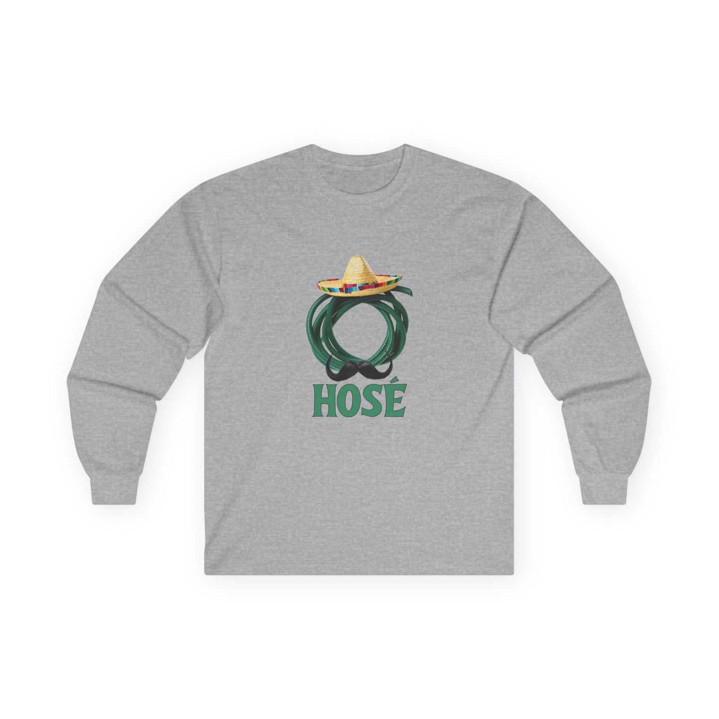 T-shirt design of a green garden hose wearing a sombrero and a large Mexican mustache with the word "Hosé."