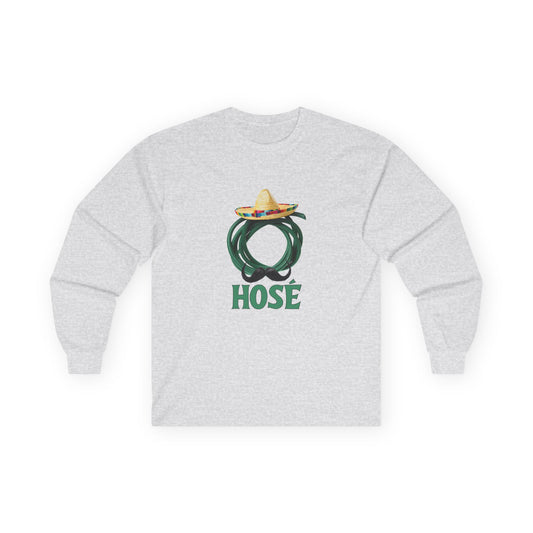 T-shirt design of a green garden hose wearing a sombrero and a large Mexican mustache with the word "Hosé."