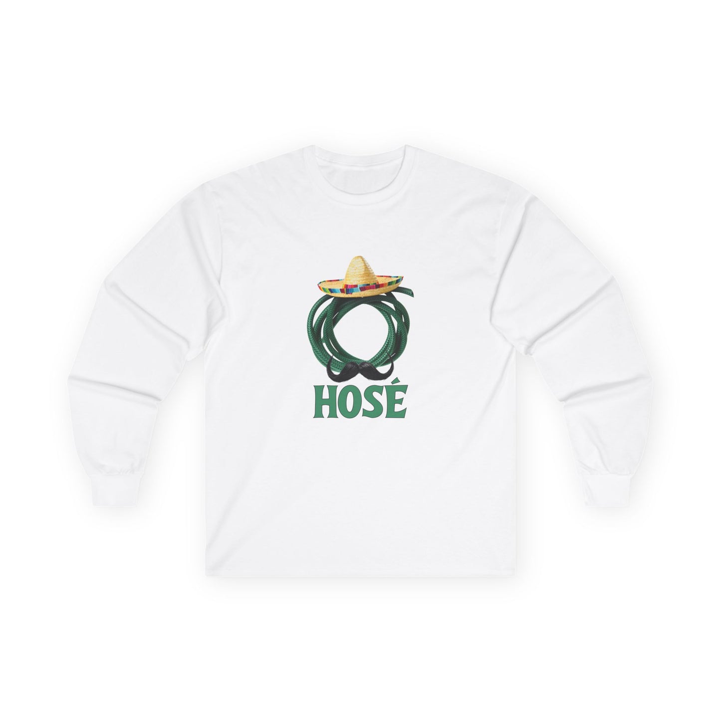T-shirt design of a green garden hose wearing a sombrero and a large Mexican mustache with the word "Hosé."