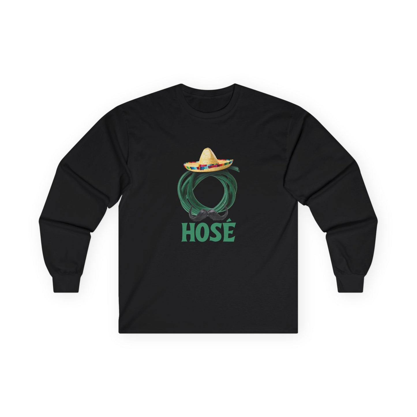 T-shirt design of a green garden hose wearing a sombrero and a large Mexican mustache with the word "Hosé."