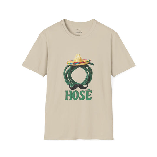 T-shirt design of a green garden hose wearing a sombrero and a large Mexican mustache with the word "Hosé."