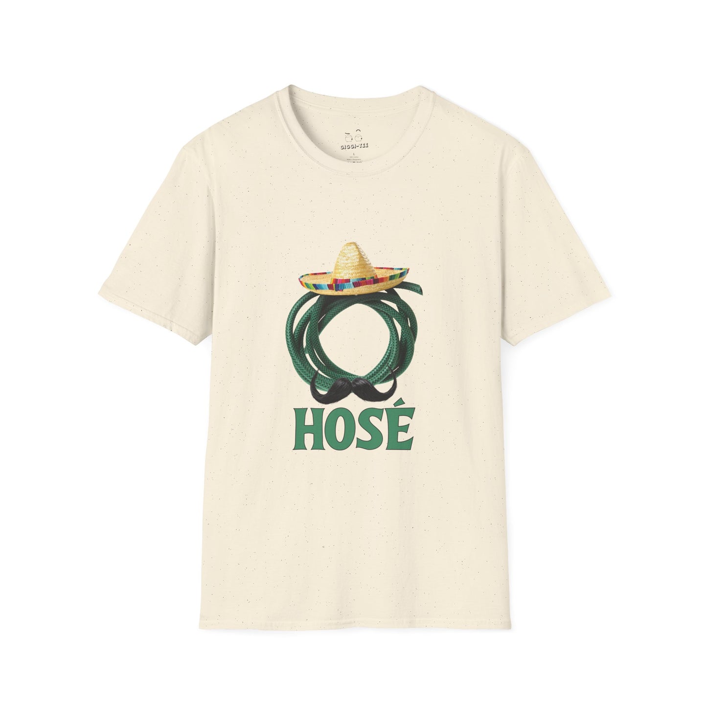 T-shirt design of a green garden hose wearing a sombrero and a large Mexican mustache with the word "Hosé."