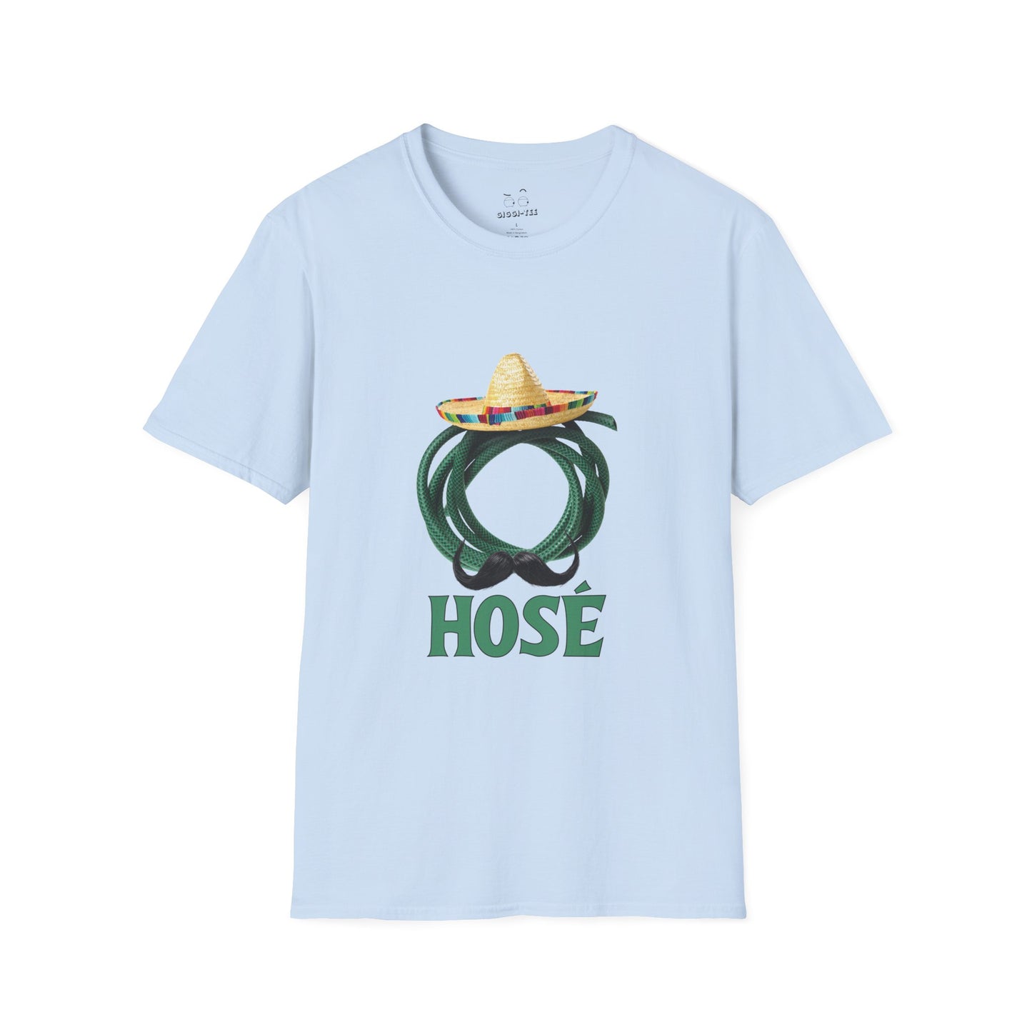 T-shirt design of a green garden hose wearing a sombrero and a large Mexican mustache with the word "Hosé."