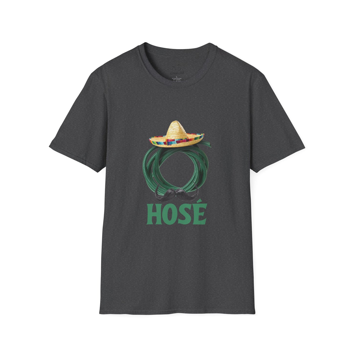 T-shirt design of a green garden hose wearing a sombrero and a large Mexican mustache with the word "Hosé."