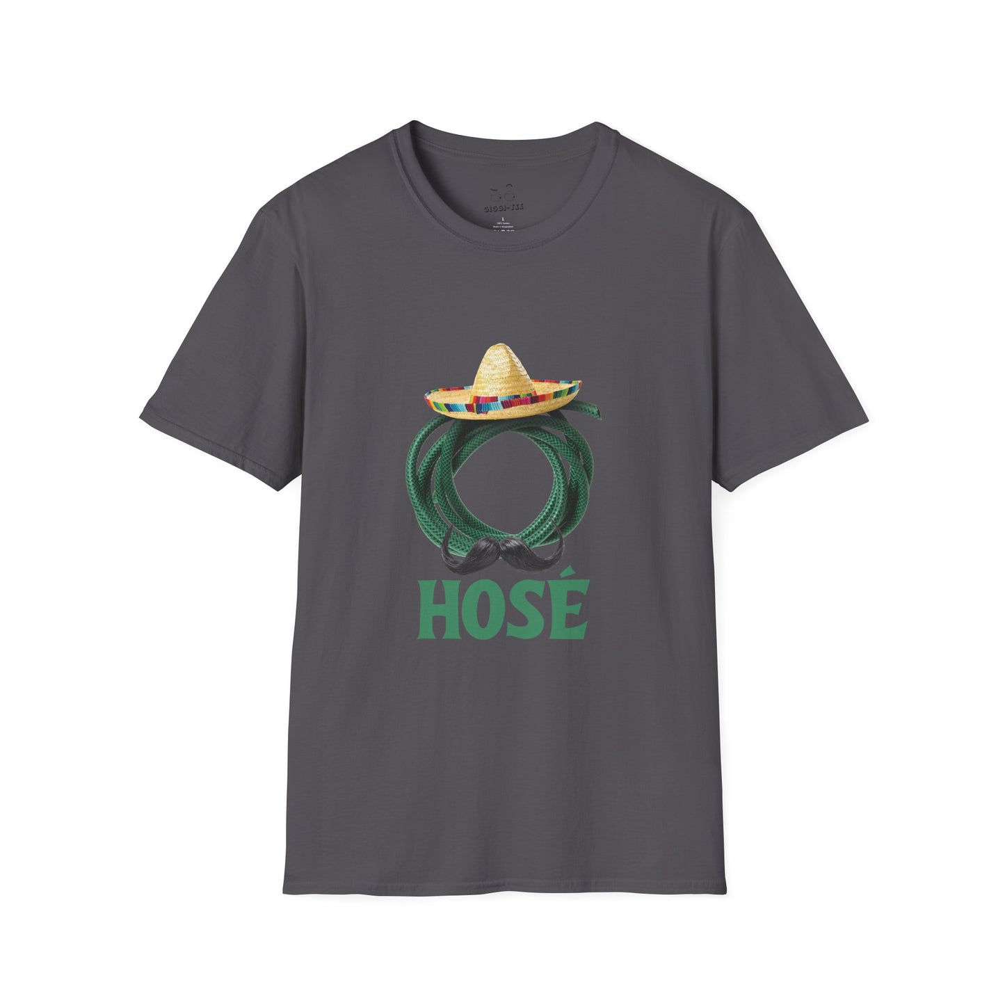 T-shirt design of a green garden hose wearing a sombrero and a large Mexican mustache with the word "Hosé."