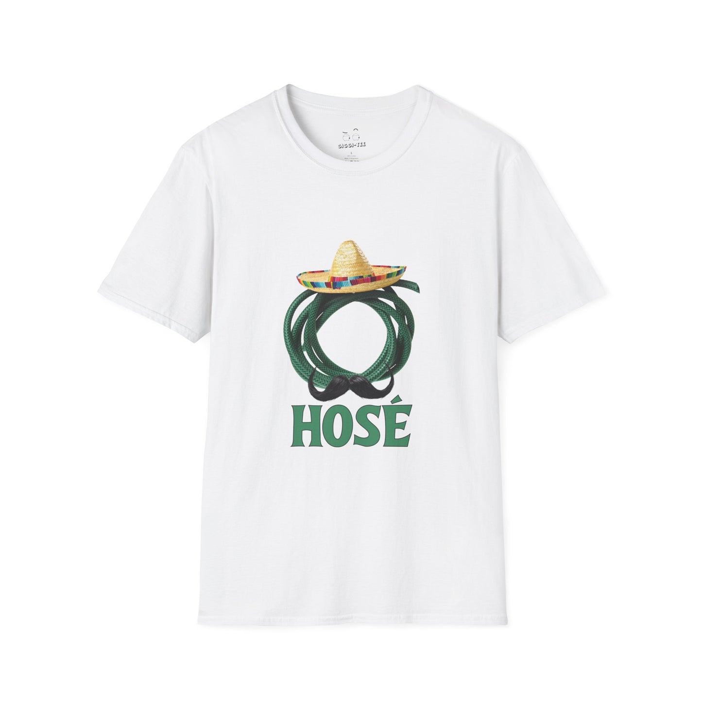 T-shirt design of a green garden hose wearing a sombrero and a large Mexican mustache with the word "Hosé."