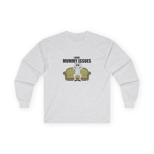 Illustration of a worried mummy sitting on a therapist couch, hands on its head, captioned 'I Have Mummy Issues', humorous and darkly comedic style.