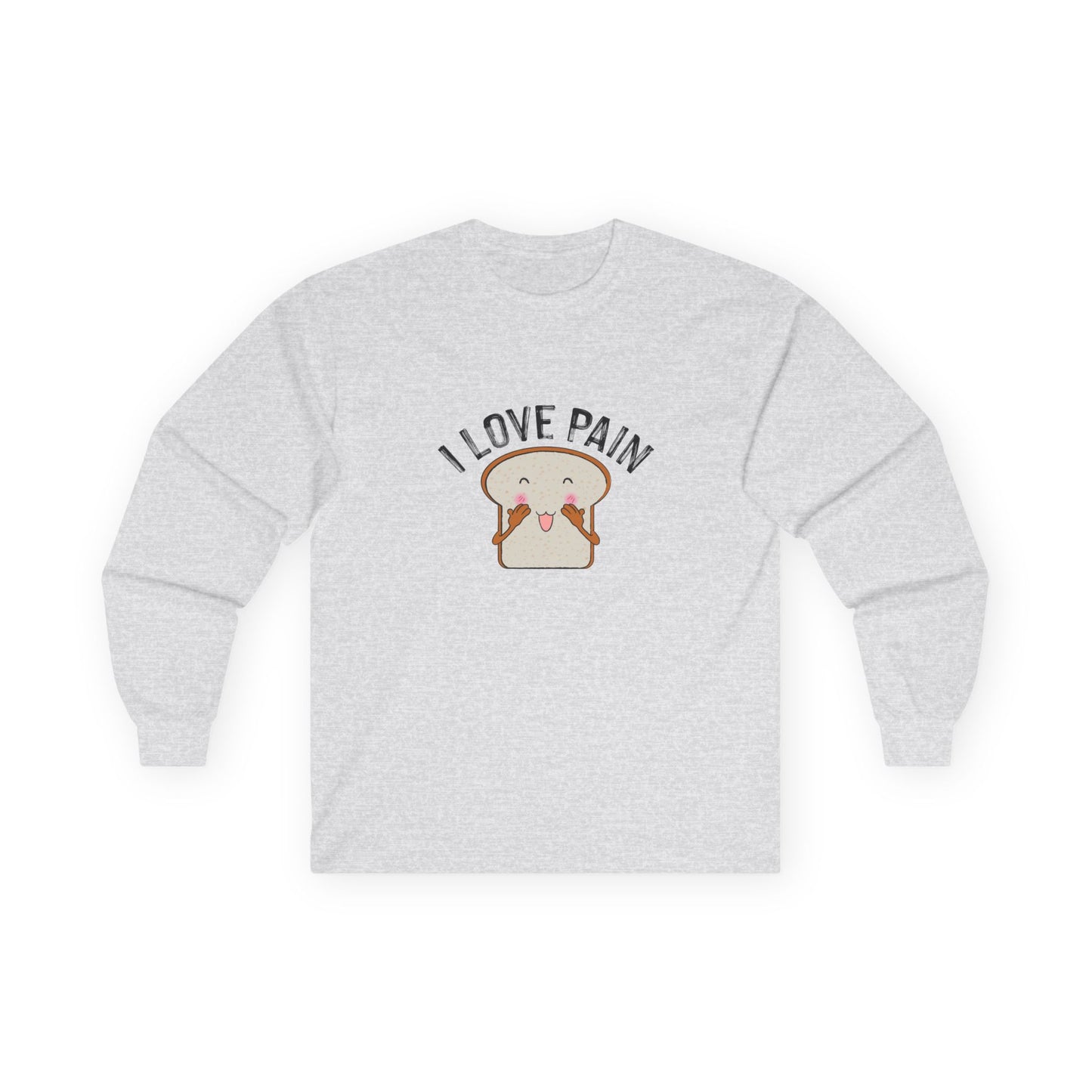 I Love Pain’ shirt featuring a blushing cartoon slice of bread, funny pun tee for bread lovers and humor fans.