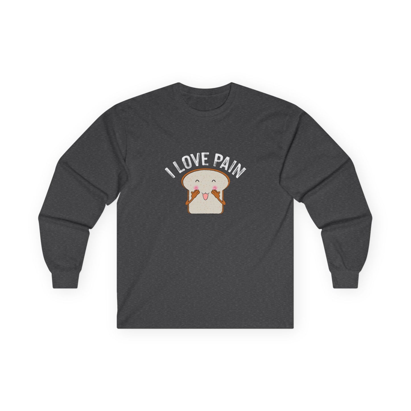 I Love Pain’ shirt featuring a blushing cartoon slice of bread, funny pun tee for bread lovers and humor fans.