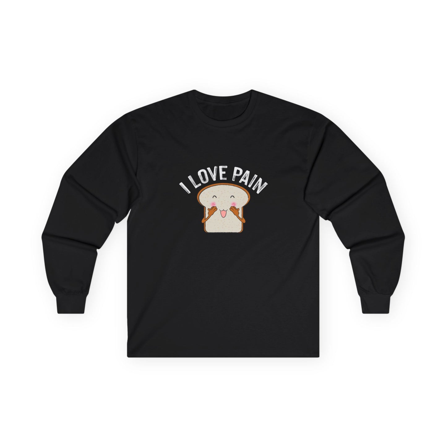 I Love Pain’ shirt featuring a blushing cartoon slice of bread, funny pun tee for bread lovers and humor fans.