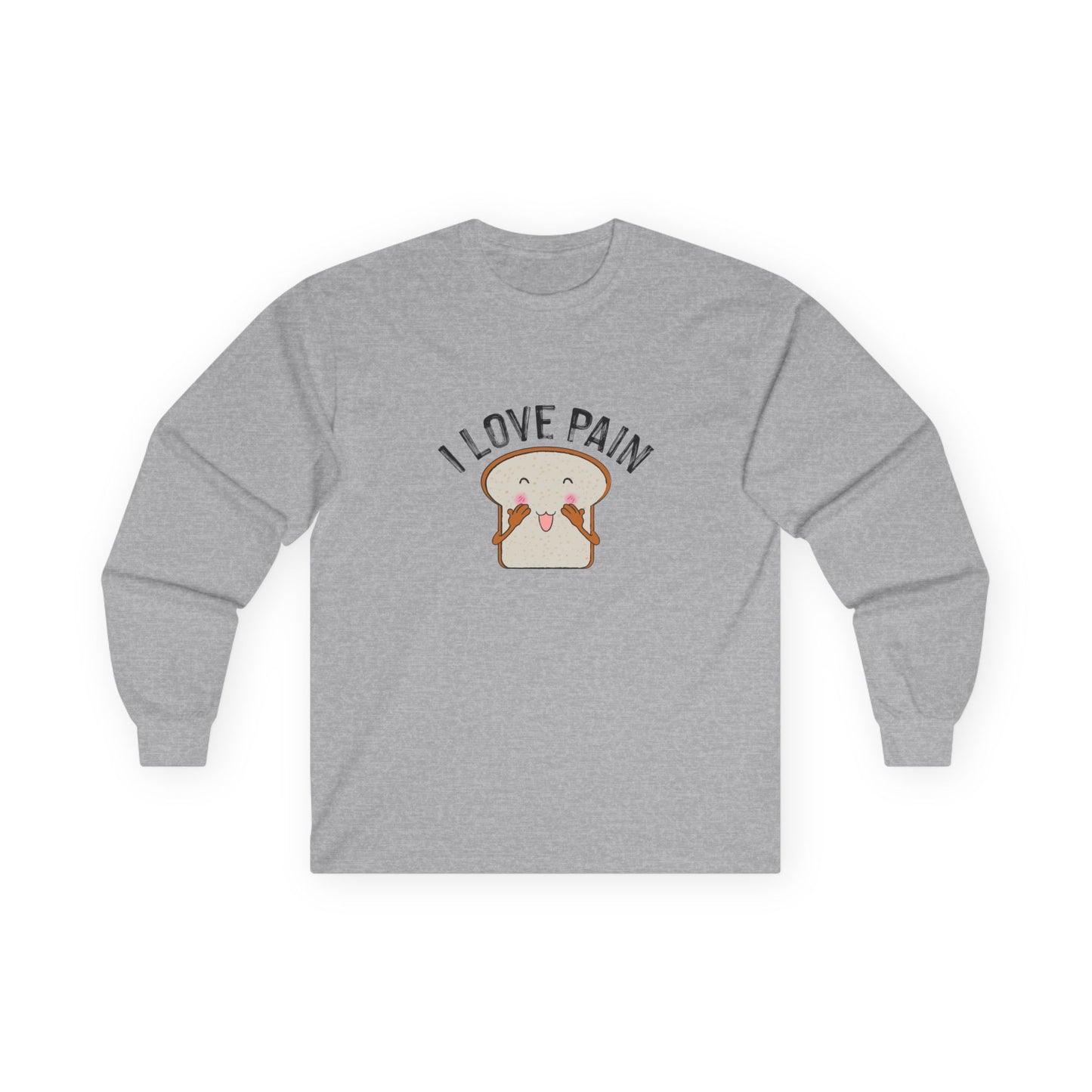 I Love Pain’ shirt featuring a blushing cartoon slice of bread, funny pun tee for bread lovers and humor fans.