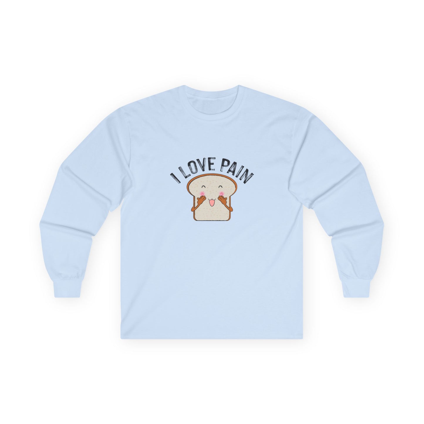 I Love Pain’ shirt featuring a blushing cartoon slice of bread, funny pun tee for bread lovers and humor fans.