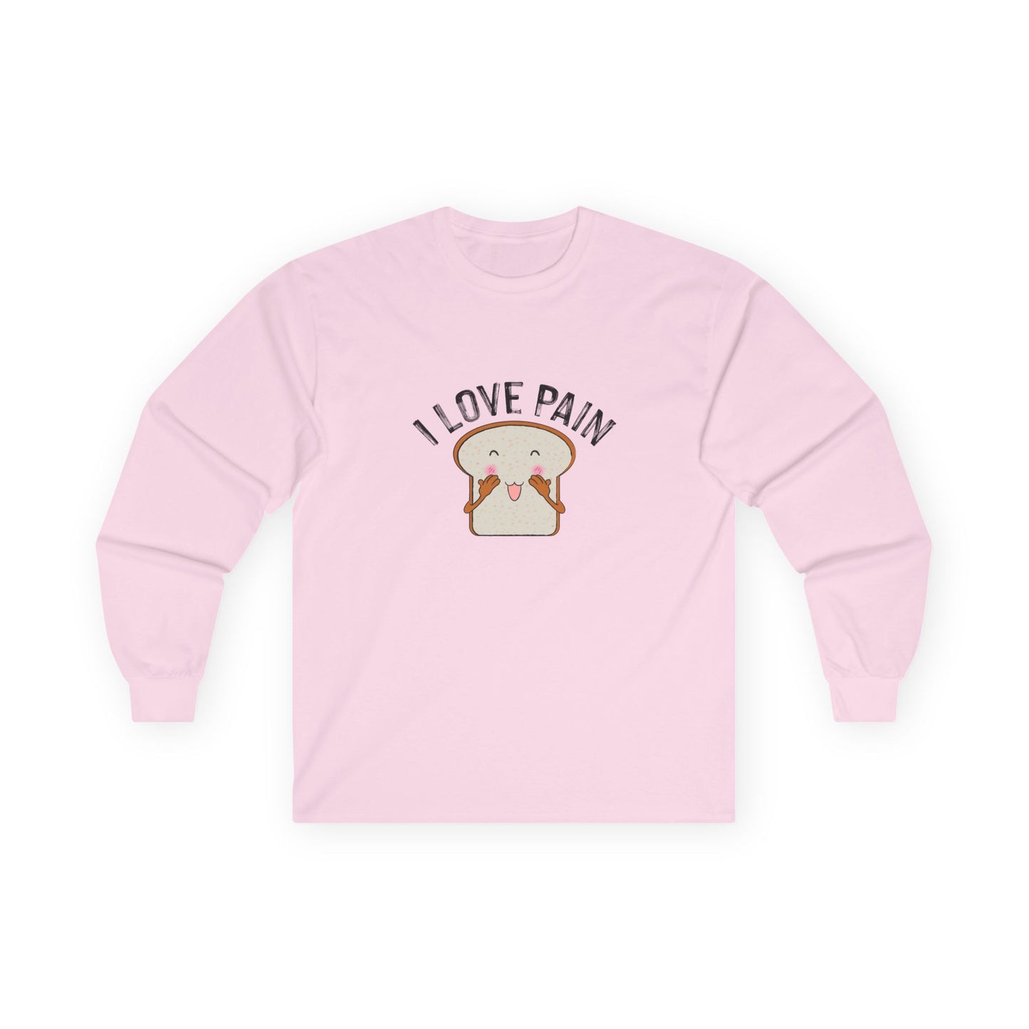I Love Pain’ shirt featuring a blushing cartoon slice of bread, funny pun tee for bread lovers and humor fans.