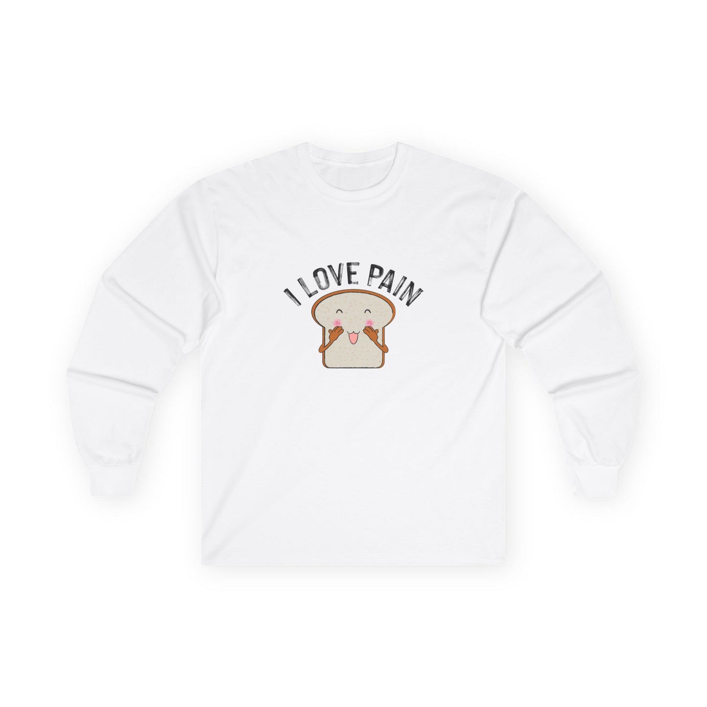 I Love Pain’ shirt featuring a blushing cartoon slice of bread, funny pun tee for bread lovers and humor fans.
