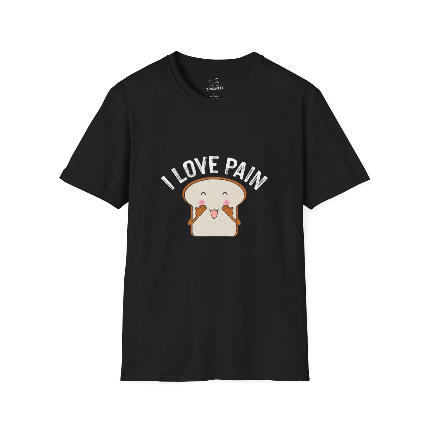 I Love Pain’ shirt featuring a blushing cartoon slice of bread, funny pun tee for bread lovers and humor fans.
