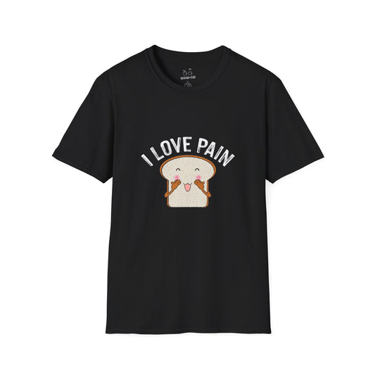 I Love Pain’ shirt featuring a blushing cartoon slice of bread, funny pun tee for bread lovers and humor fans.