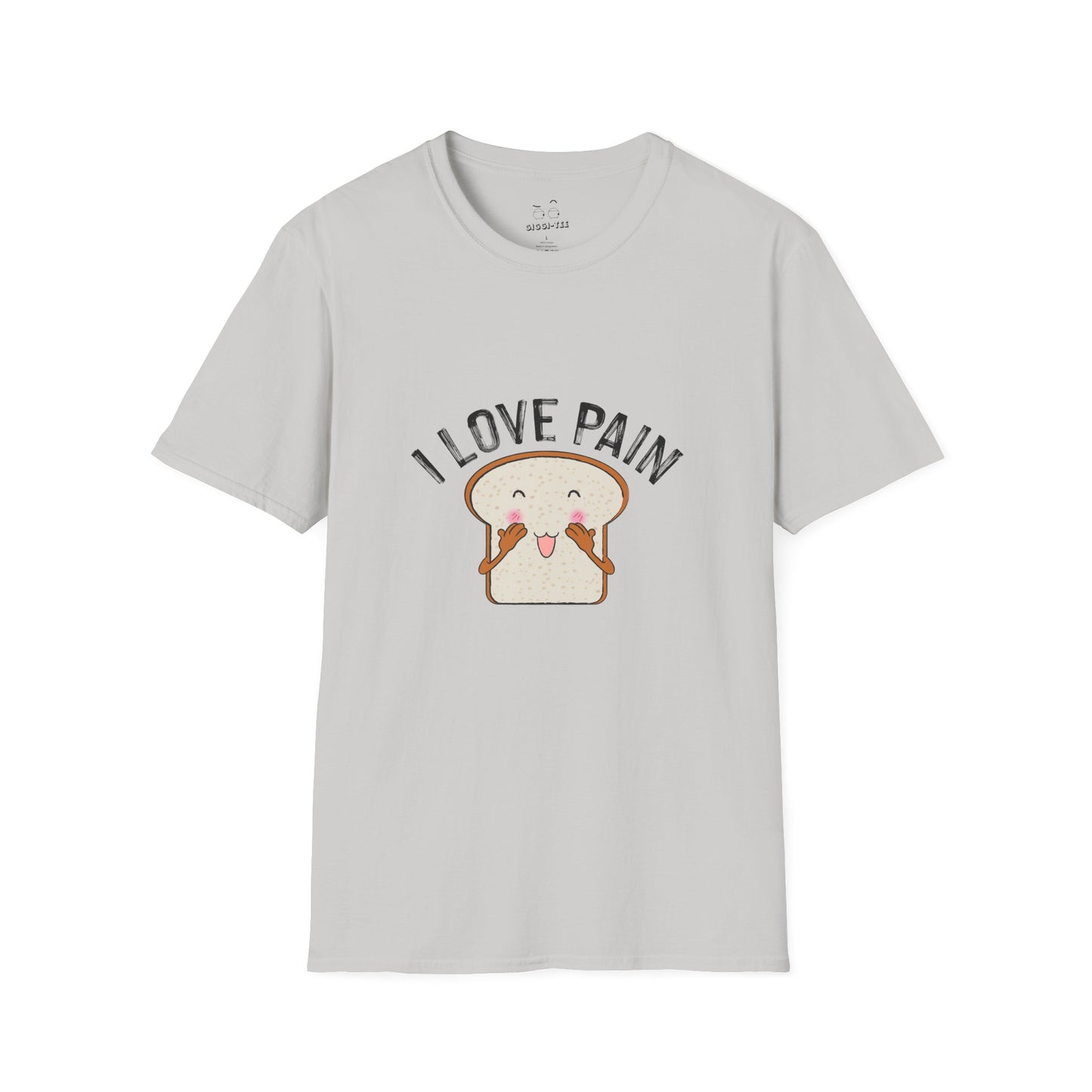 I Love Pain’ shirt featuring a blushing cartoon slice of bread, funny pun tee for bread lovers and humor fans.