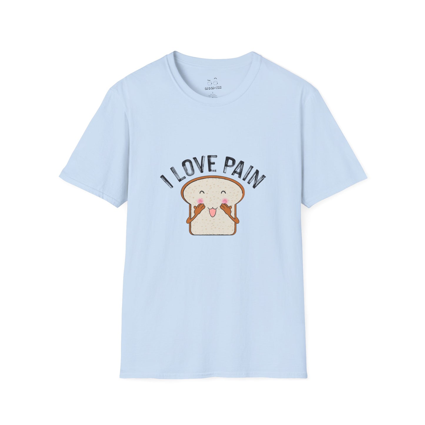 I Love Pain’ shirt featuring a blushing cartoon slice of bread, funny pun tee for bread lovers and humor fans.