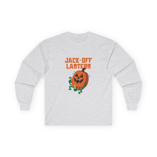 Carved jack-o’-lantern pumpkin holding a candle provocatively with a mellow grin — funny adult Halloween design titled “Jack Off Lantern.”