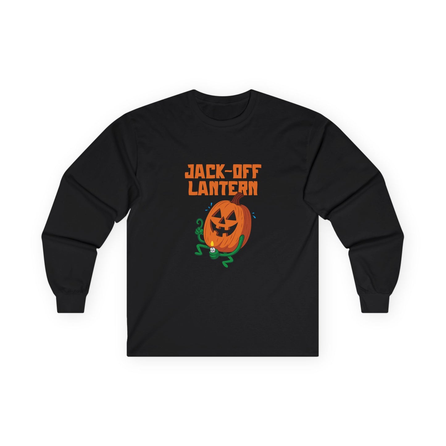 Carved jack-o’-lantern pumpkin holding a candle provocatively with a mellow grin — funny adult Halloween design titled “Jack Off Lantern.”