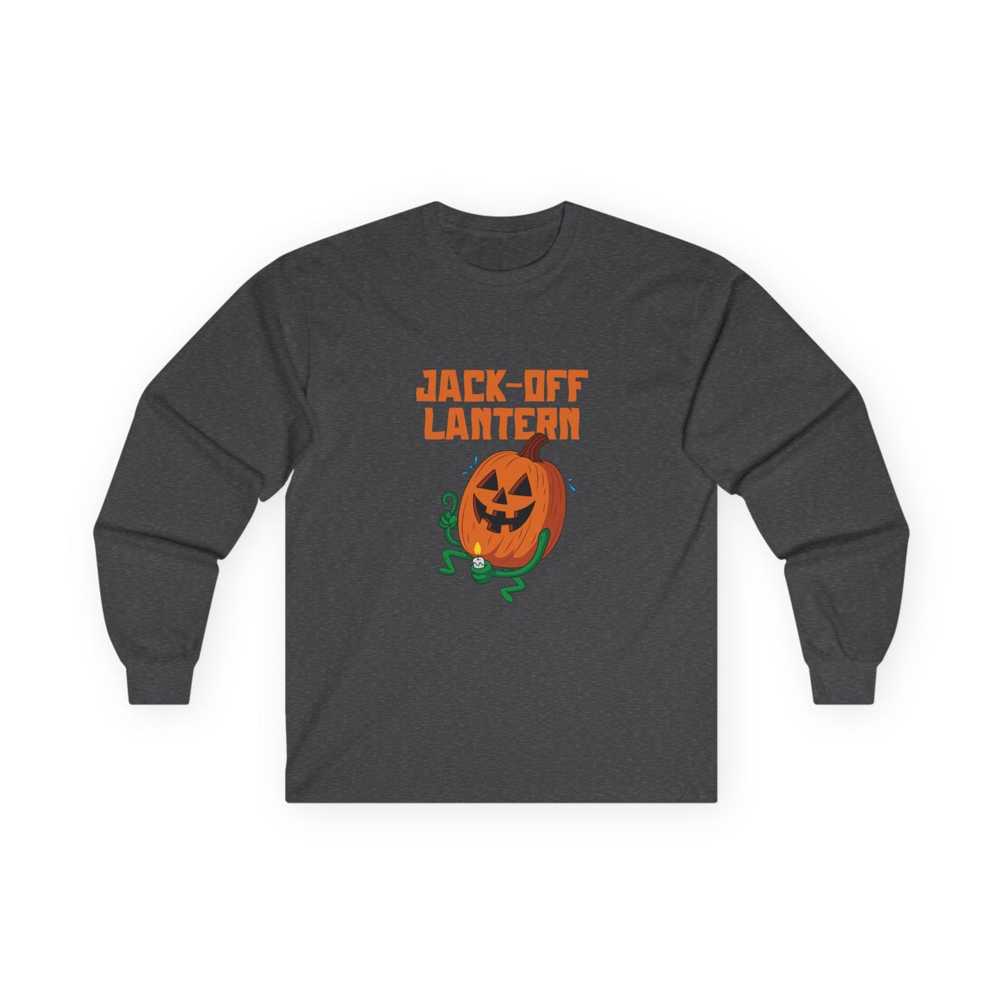 Carved jack-o’-lantern pumpkin holding a candle provocatively with a mellow grin — funny adult Halloween design titled “Jack Off Lantern.”