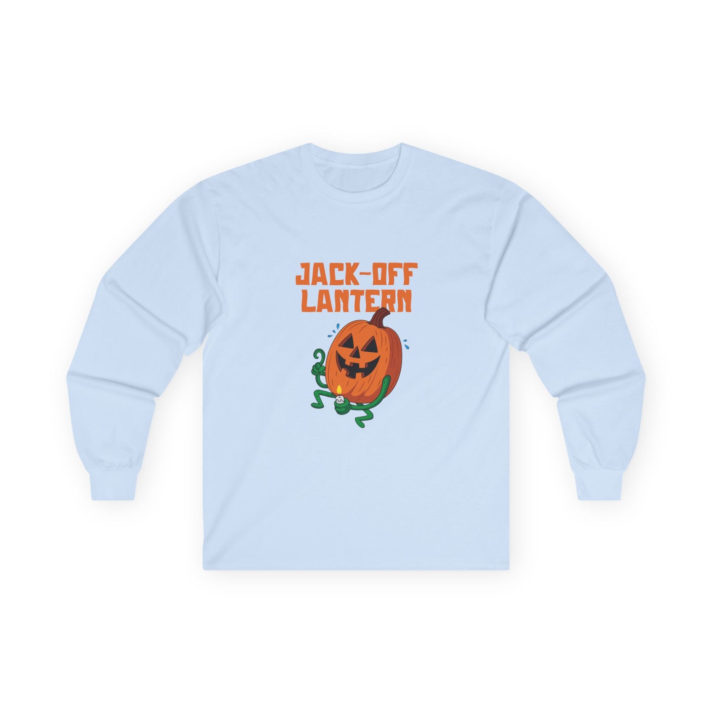 Carved jack-o’-lantern pumpkin holding a candle provocatively with a mellow grin — funny adult Halloween design titled “Jack Off Lantern.”
