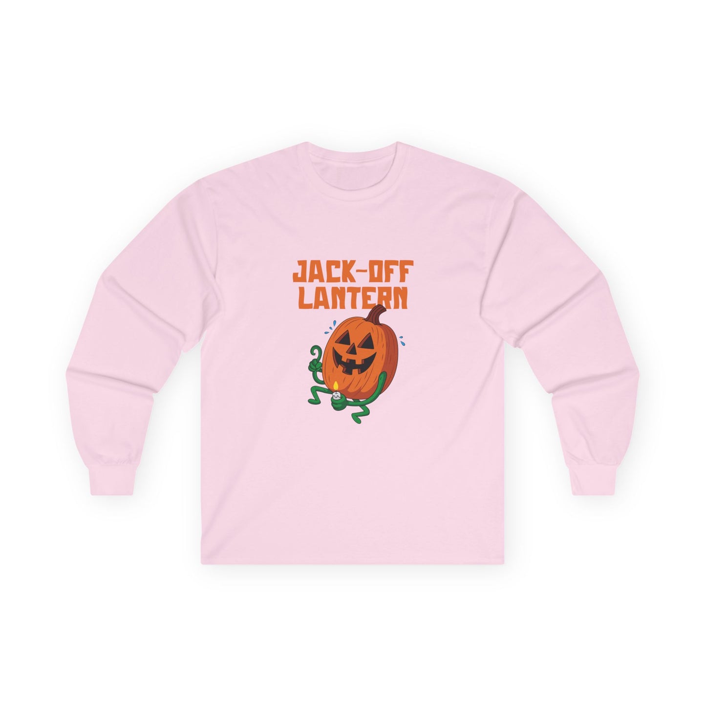 Carved jack-o’-lantern pumpkin holding a candle provocatively with a mellow grin — funny adult Halloween design titled “Jack Off Lantern.”