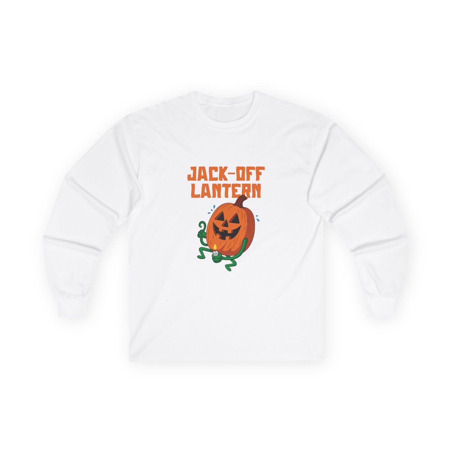 Carved jack-o’-lantern pumpkin holding a candle provocatively with a mellow grin — funny adult Halloween design titled “Jack Off Lantern.”