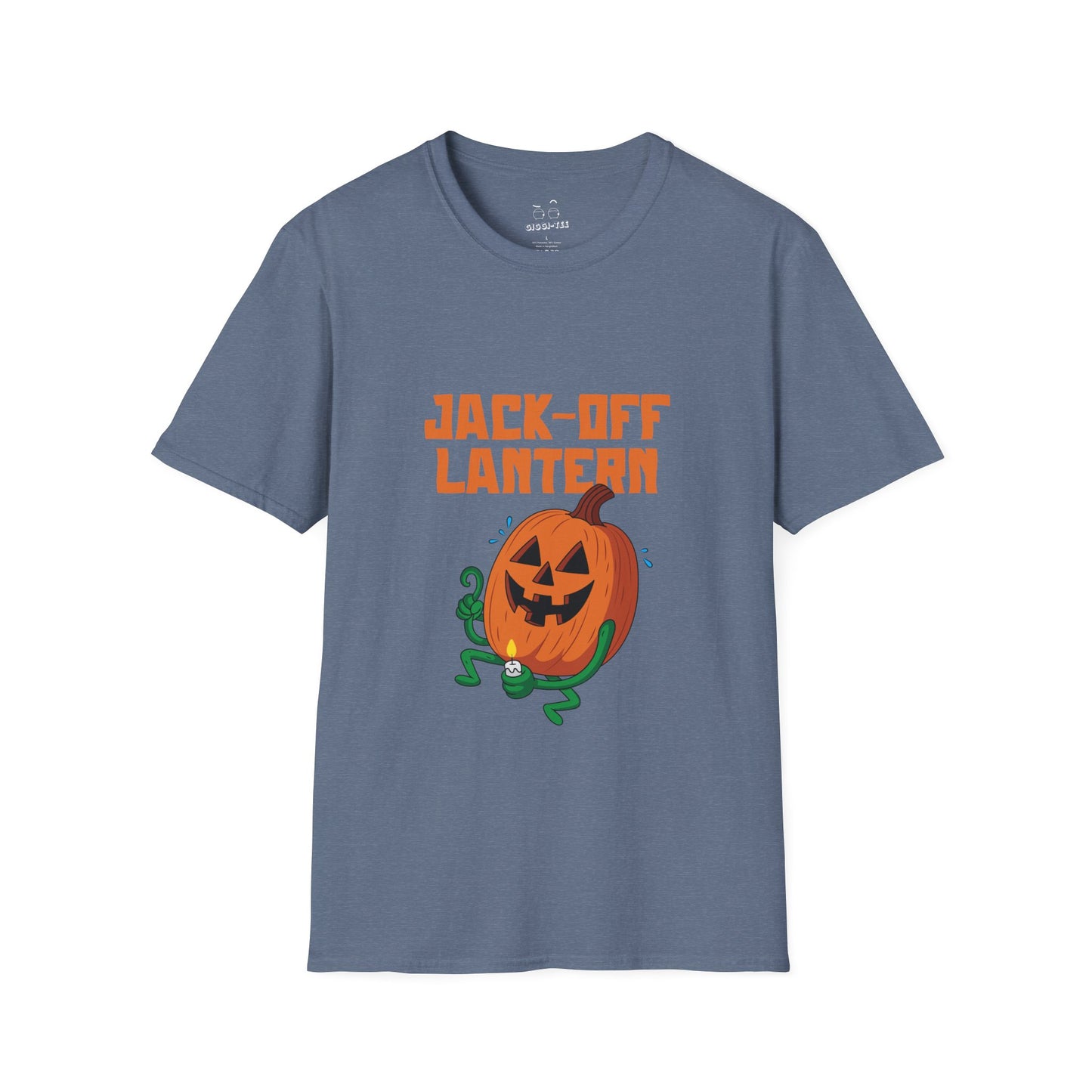 Carved jack-o’-lantern pumpkin holding a candle provocatively with a mellow grin — funny adult Halloween design titled “Jack Off Lantern.”