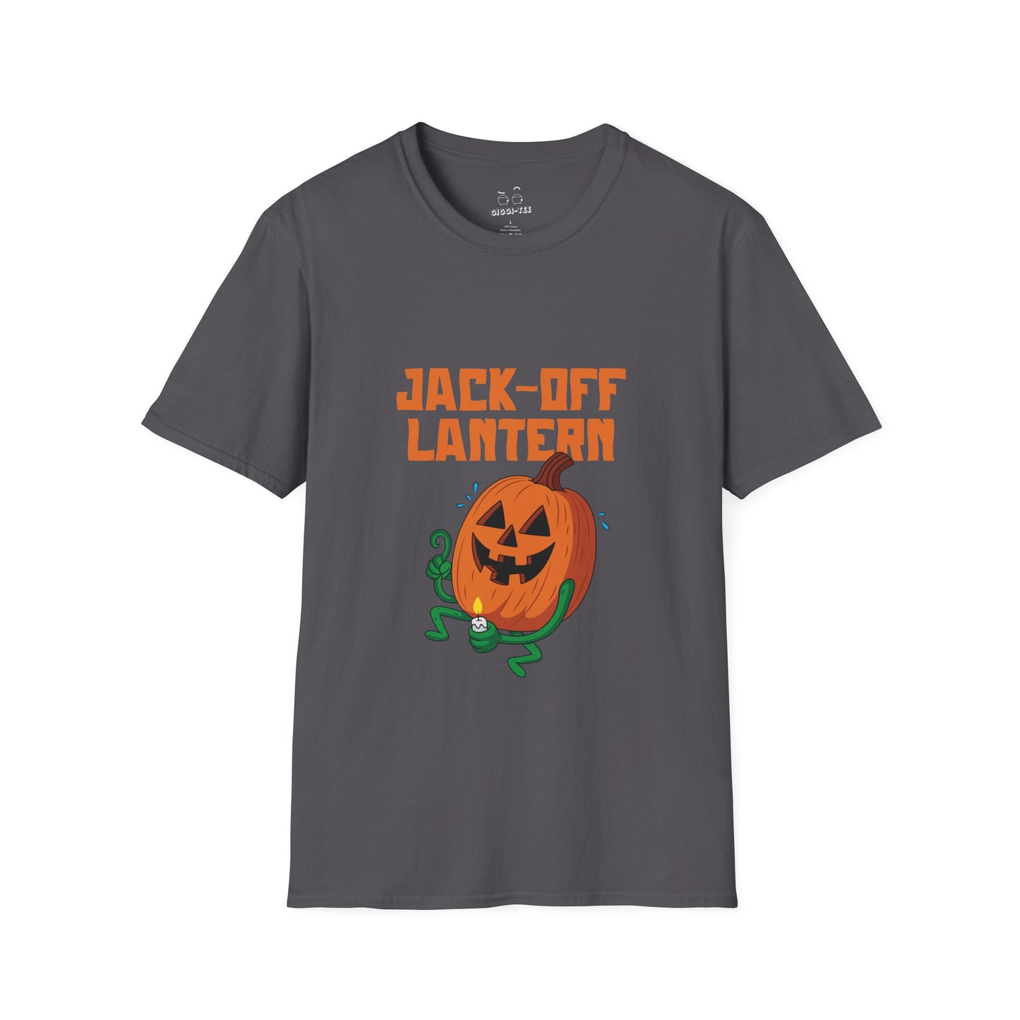 Carved jack-o’-lantern pumpkin holding a candle provocatively with a mellow grin — funny adult Halloween design titled “Jack Off Lantern.”