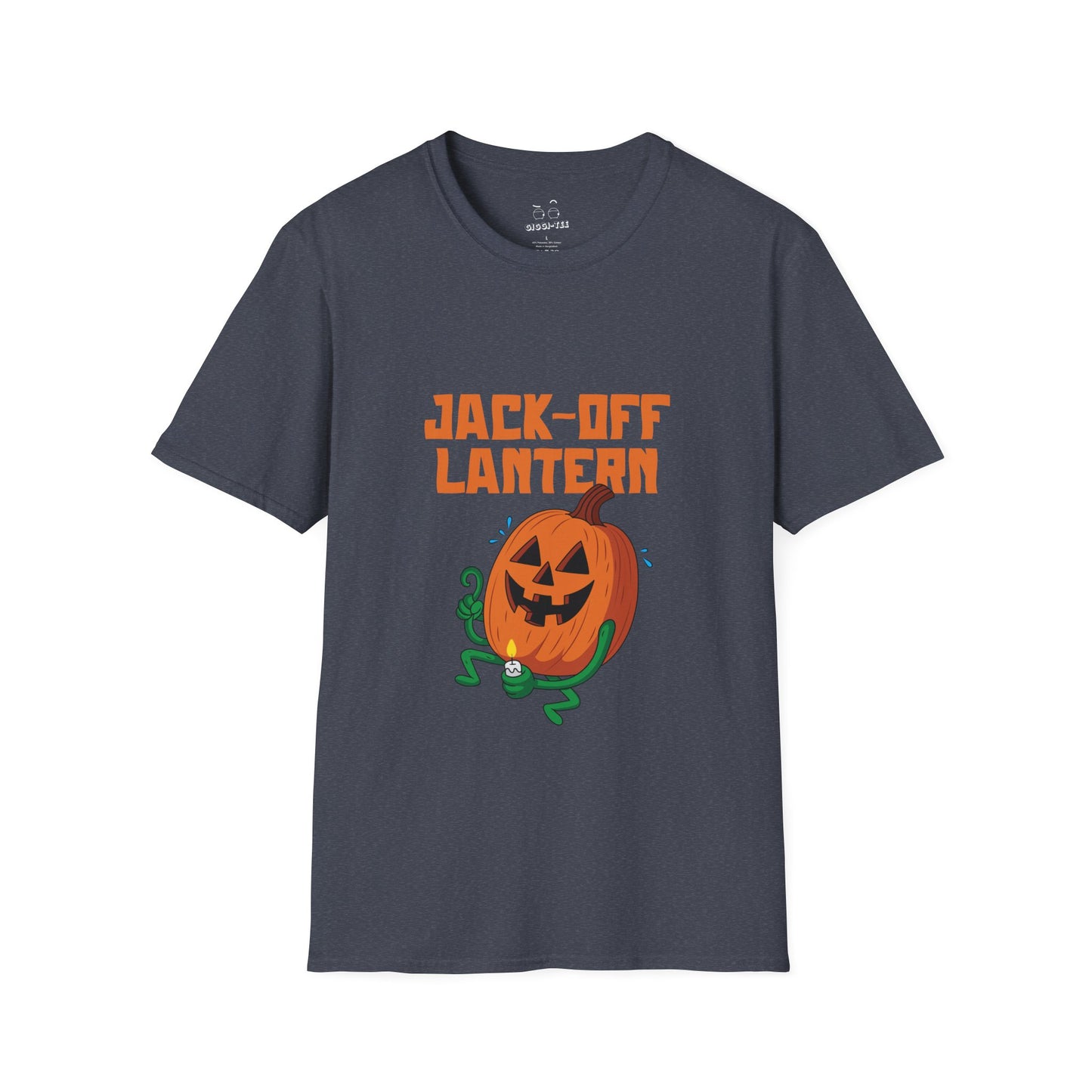 Carved jack-o’-lantern pumpkin holding a candle provocatively with a mellow grin — funny adult Halloween design titled “Jack Off Lantern.”