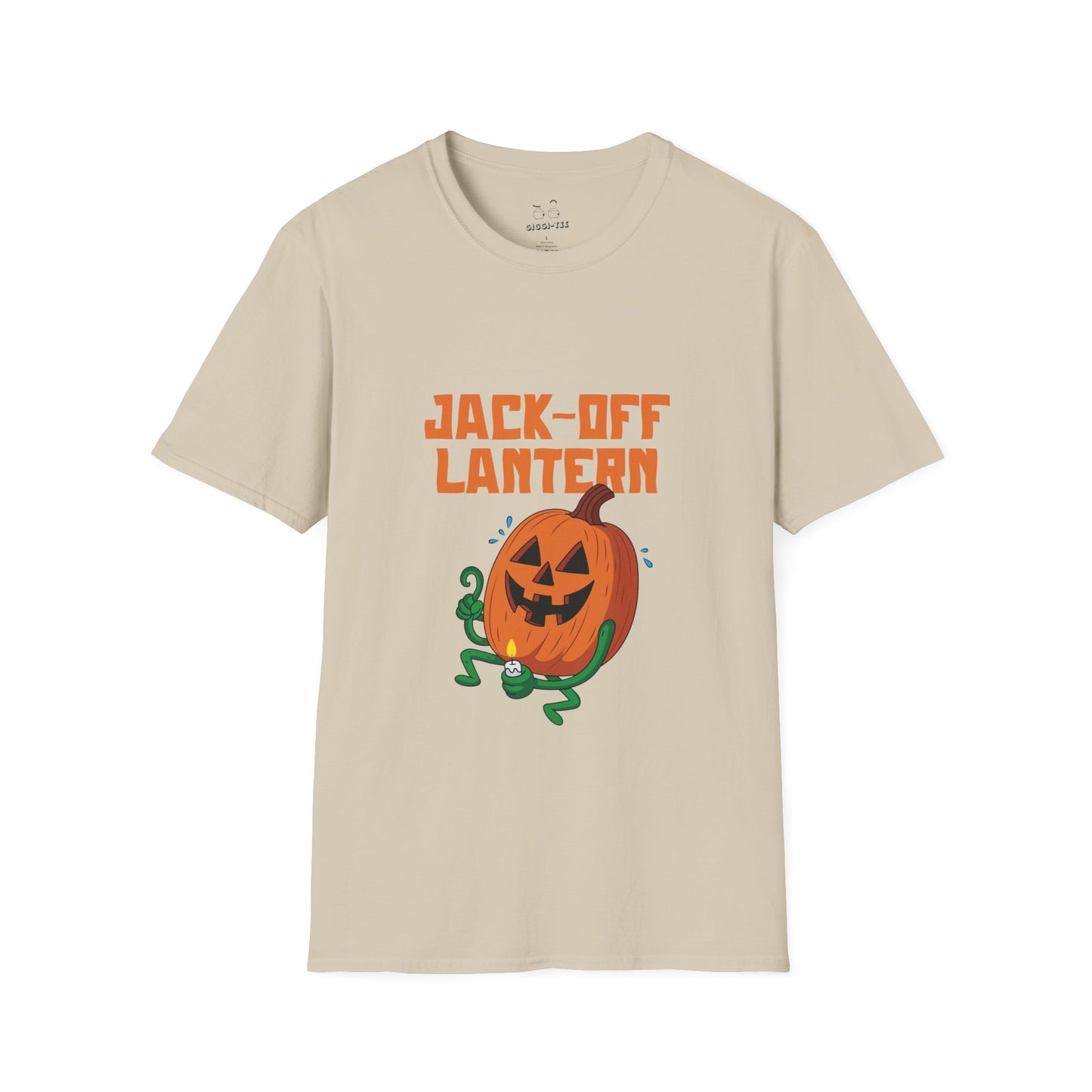 Carved jack-o’-lantern pumpkin holding a candle provocatively with a mellow grin — funny adult Halloween design titled “Jack Off Lantern.”