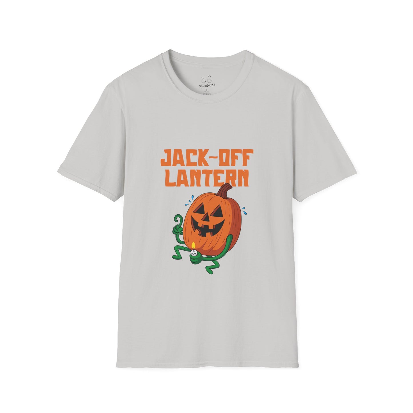 Carved jack-o’-lantern pumpkin holding a candle provocatively with a mellow grin — funny adult Halloween design titled “Jack Off Lantern.”