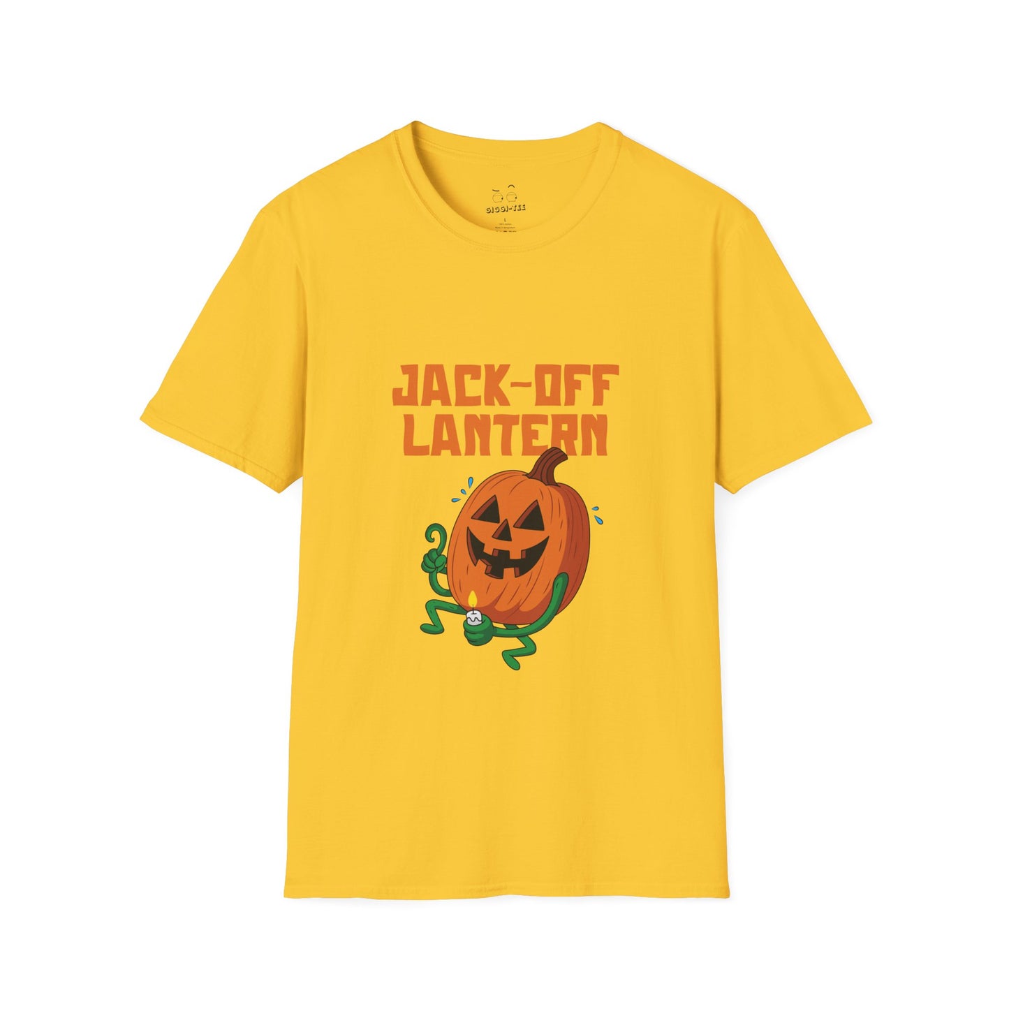 Carved jack-o’-lantern pumpkin holding a candle provocatively with a mellow grin — funny adult Halloween design titled “Jack Off Lantern.”