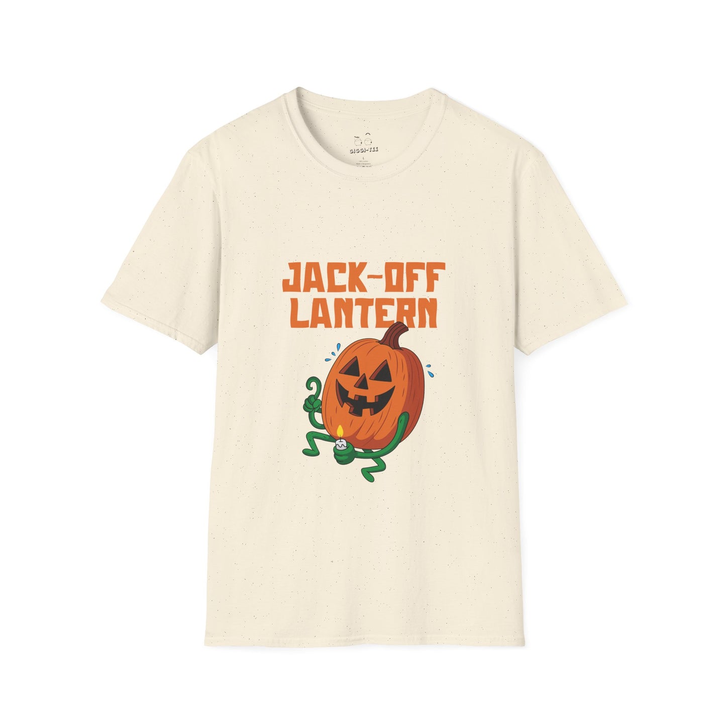 Carved jack-o’-lantern pumpkin holding a candle provocatively with a mellow grin — funny adult Halloween design titled “Jack Off Lantern.”