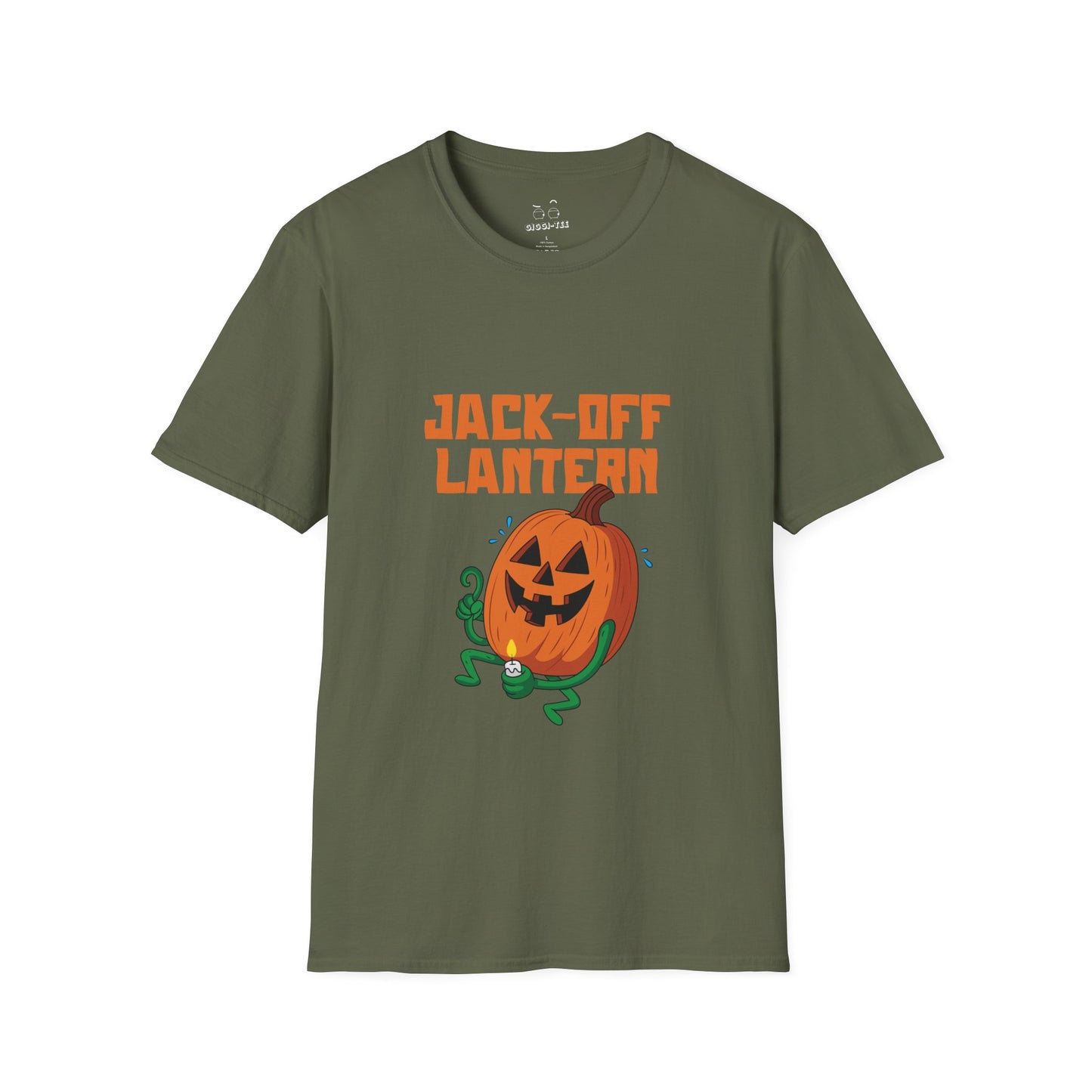 Carved jack-o’-lantern pumpkin holding a candle provocatively with a mellow grin — funny adult Halloween design titled “Jack Off Lantern.”
