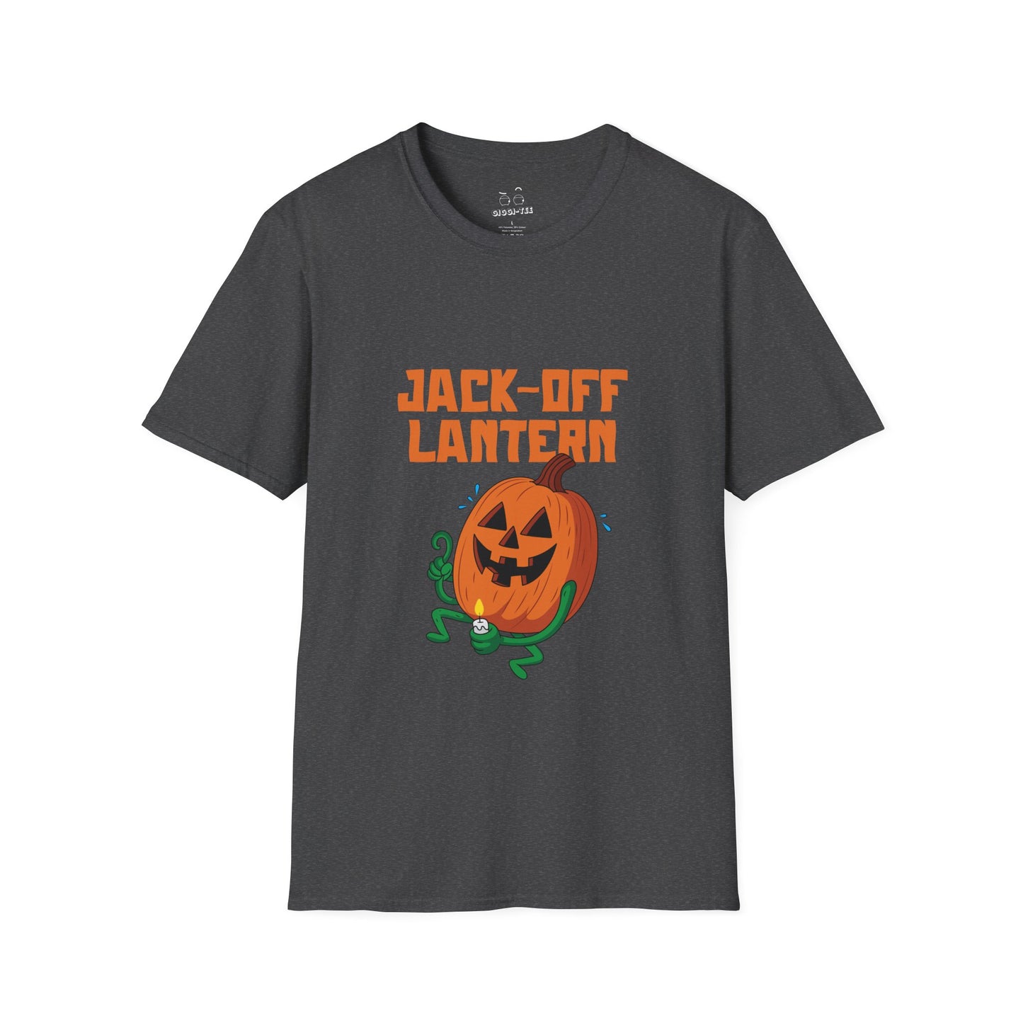 Carved jack-o’-lantern pumpkin holding a candle provocatively with a mellow grin — funny adult Halloween design titled “Jack Off Lantern.”