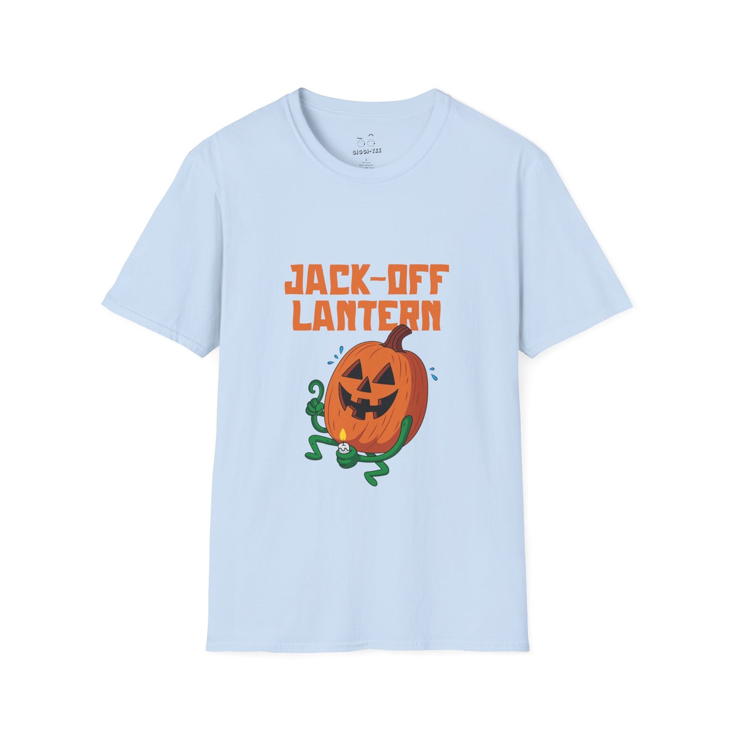 Carved jack-o’-lantern pumpkin holding a candle provocatively with a mellow grin — funny adult Halloween design titled “Jack Off Lantern.”