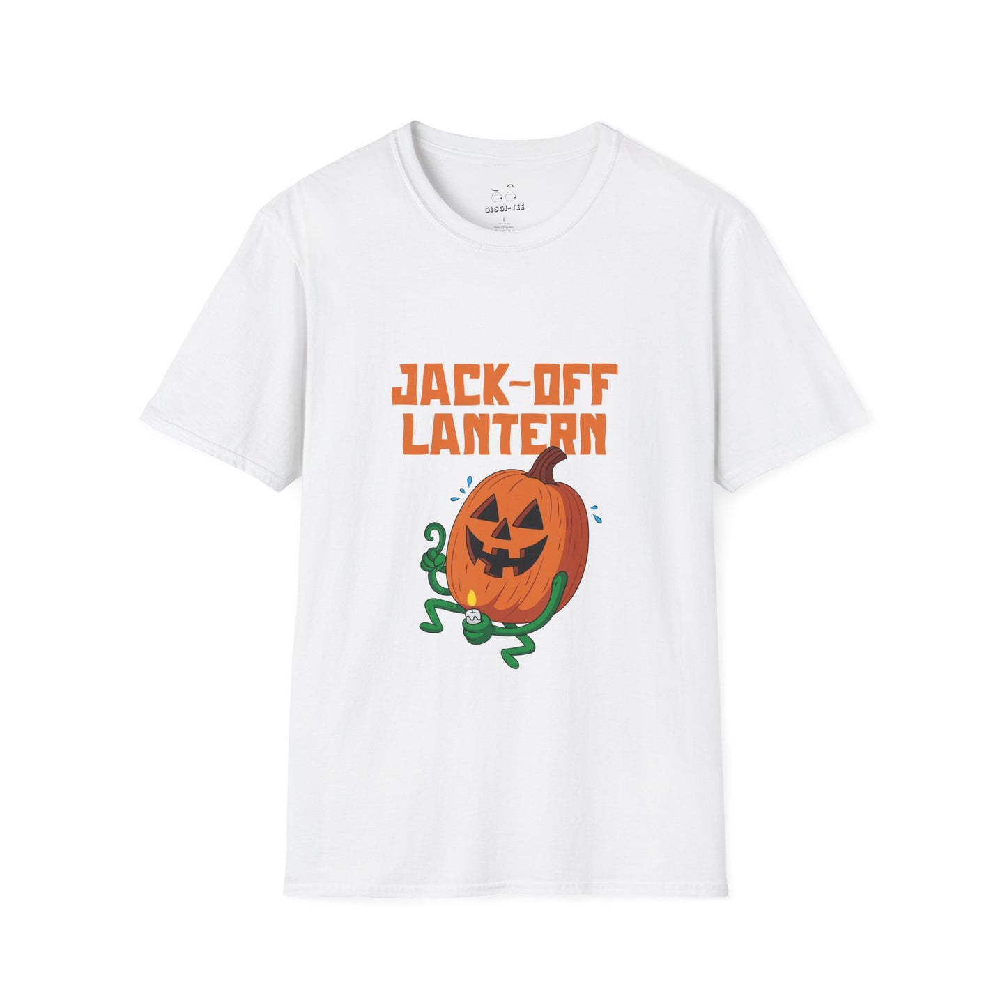 Carved jack-o’-lantern pumpkin holding a candle provocatively with a mellow grin — funny adult Halloween design titled “Jack Off Lantern.”