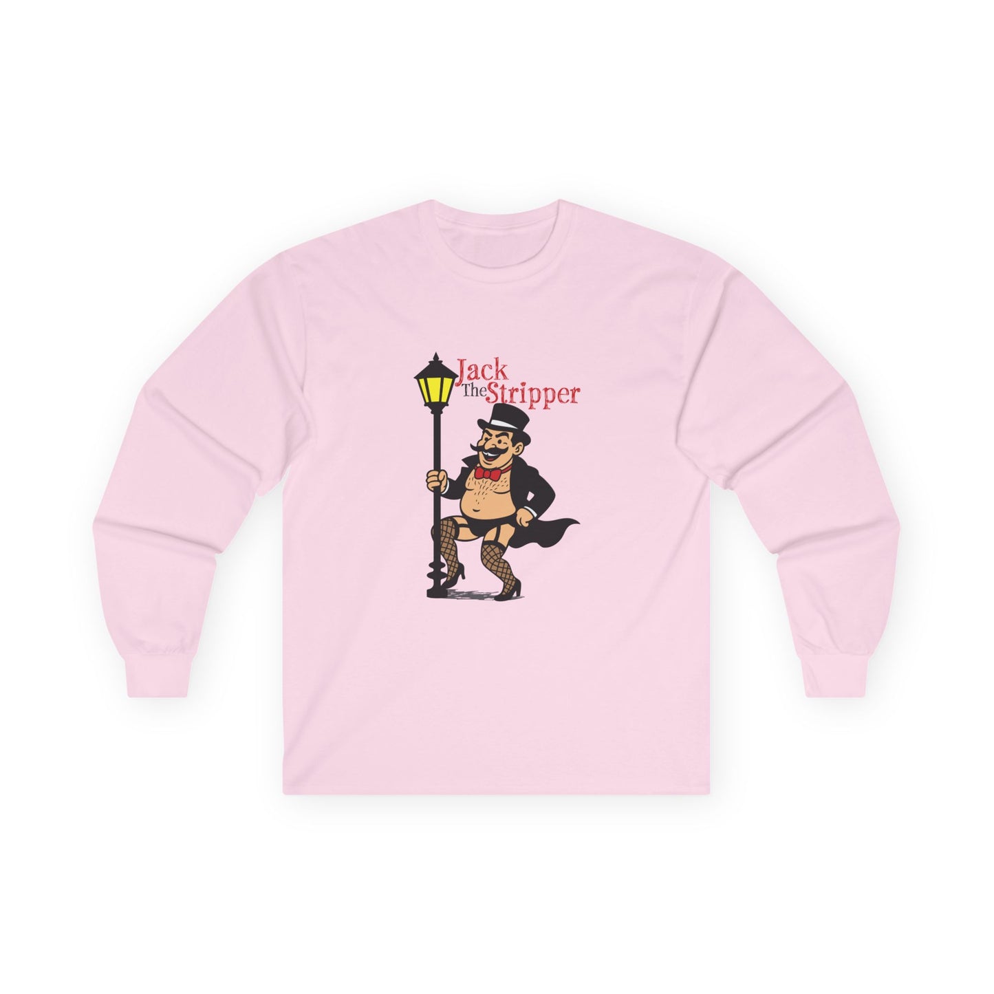 Illustration of Jack the Ripper pole dancing on a Victorian-style streetlamp, parody design titled "Jack the Stripper.