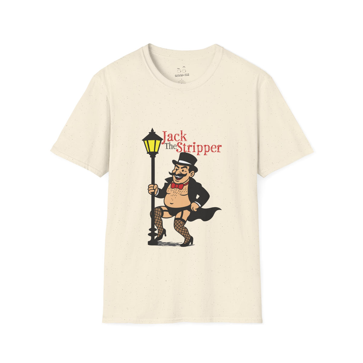 Funny shirt design featuring an Illustration of Jack the Ripper pole dancing on a Victorian-style streetlamp, parody design titled "Jack the Stripper.