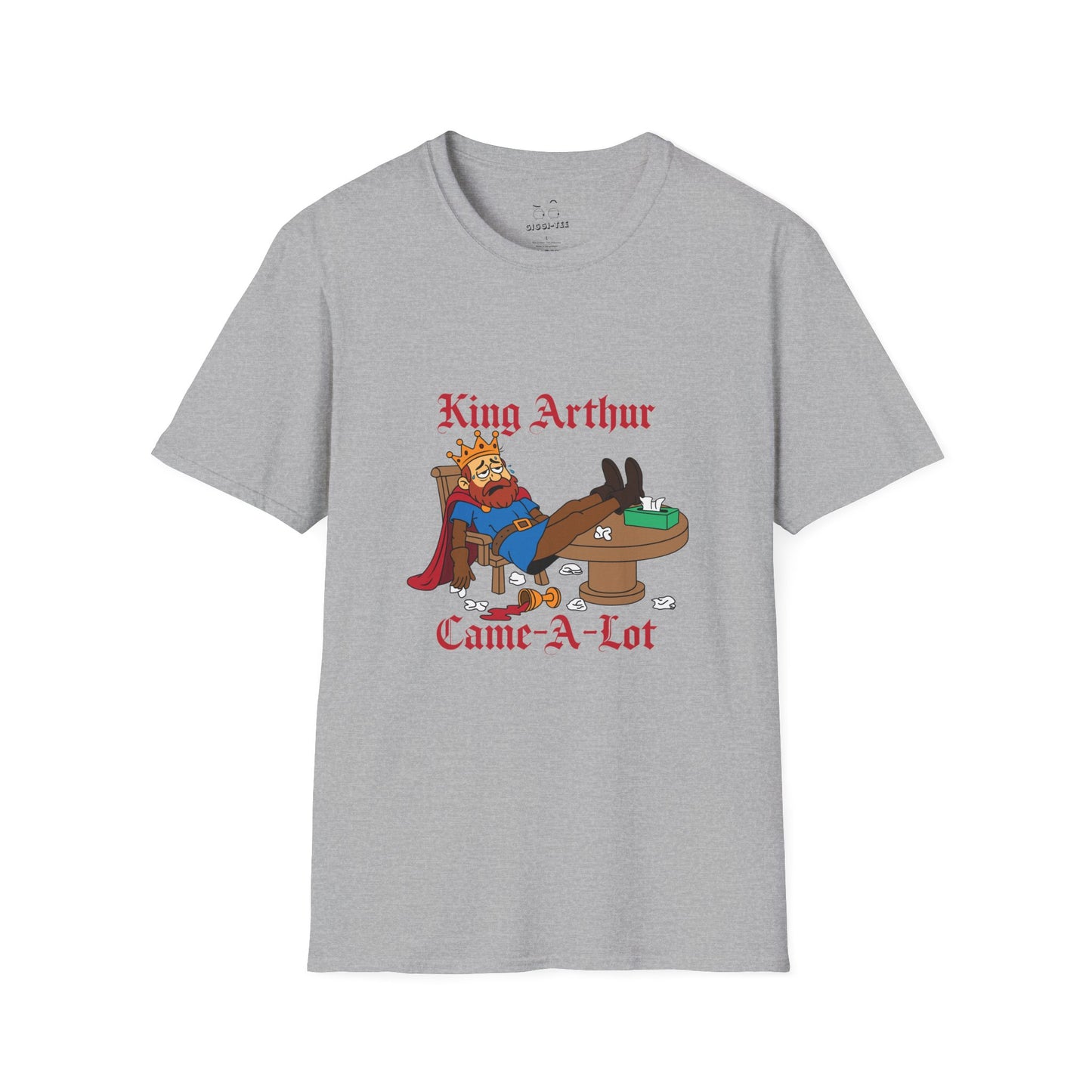 Cartoon illustration of King Arthur slumped at the Round Table with tissues everywhere, parody text “King Arthur Came a Lot” in medieval font.