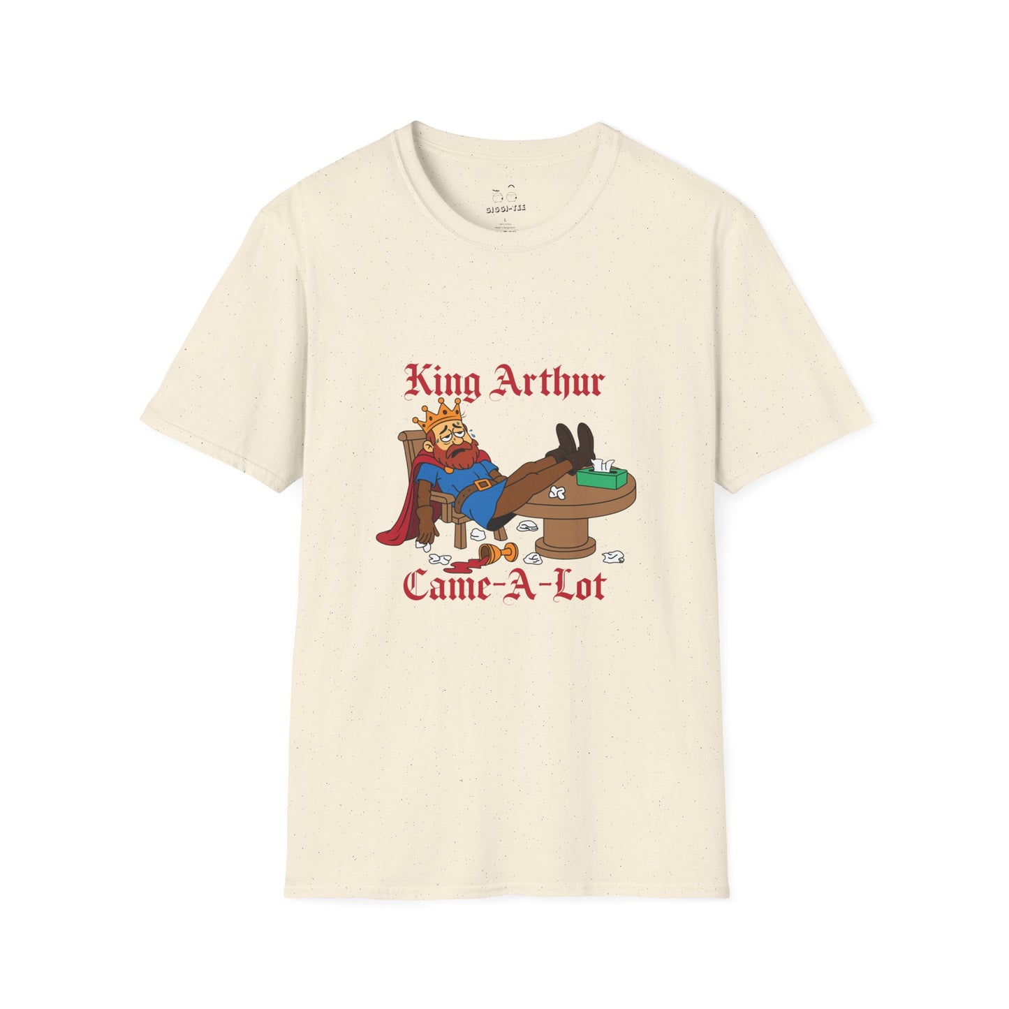 Cartoon illustration of King Arthur slumped at the Round Table with tissues everywhere, parody text “King Arthur Came a Lot” in medieval font.