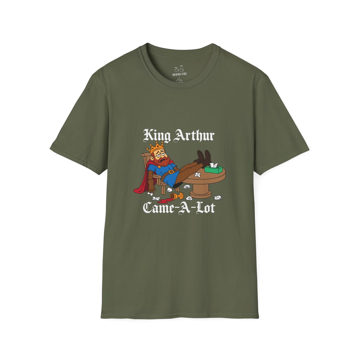 Cartoon illustration of King Arthur slumped at the Round Table with tissues everywhere, parody text “King Arthur Came a Lot” in medieval font.