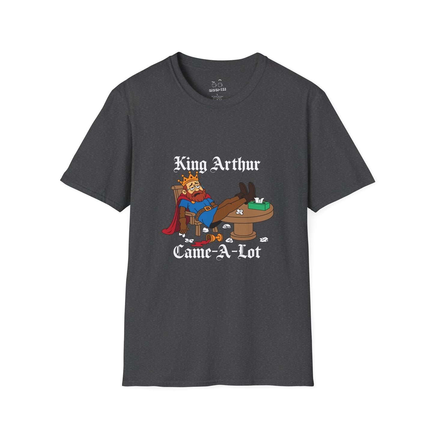 Cartoon illustration of King Arthur slumped at the Round Table with tissues everywhere, parody text “King Arthur Came a Lot” in medieval font.