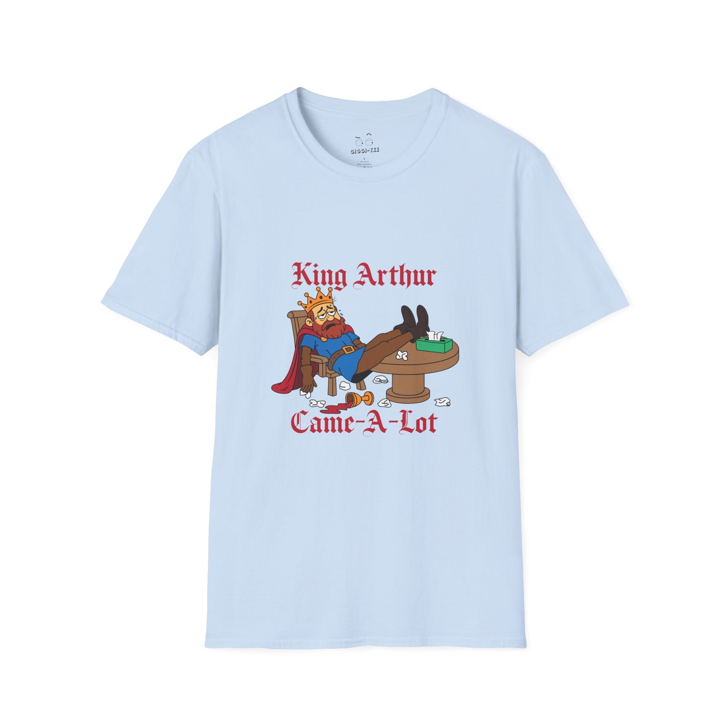 Cartoon illustration of King Arthur slumped at the Round Table with tissues everywhere, parody text “King Arthur Came a Lot” in medieval font.