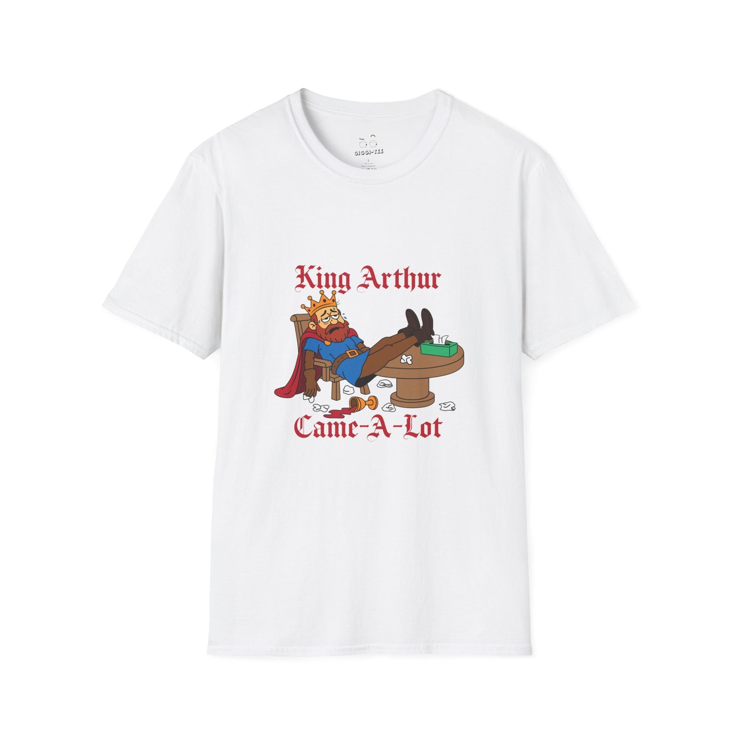 Cartoon illustration of King Arthur slumped at the Round Table with tissues everywhere, parody text “King Arthur Came a Lot” in medieval font.
