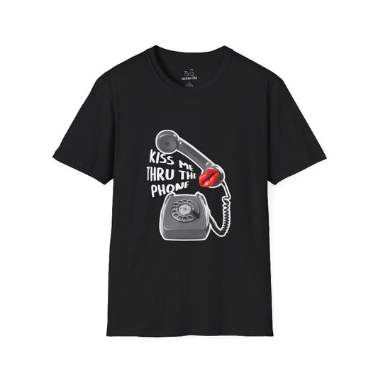 Kiss Me Thru the Phone t-shirt with rotary phone and lips, Soulja Boy inspired shirt, funny music parody tee.