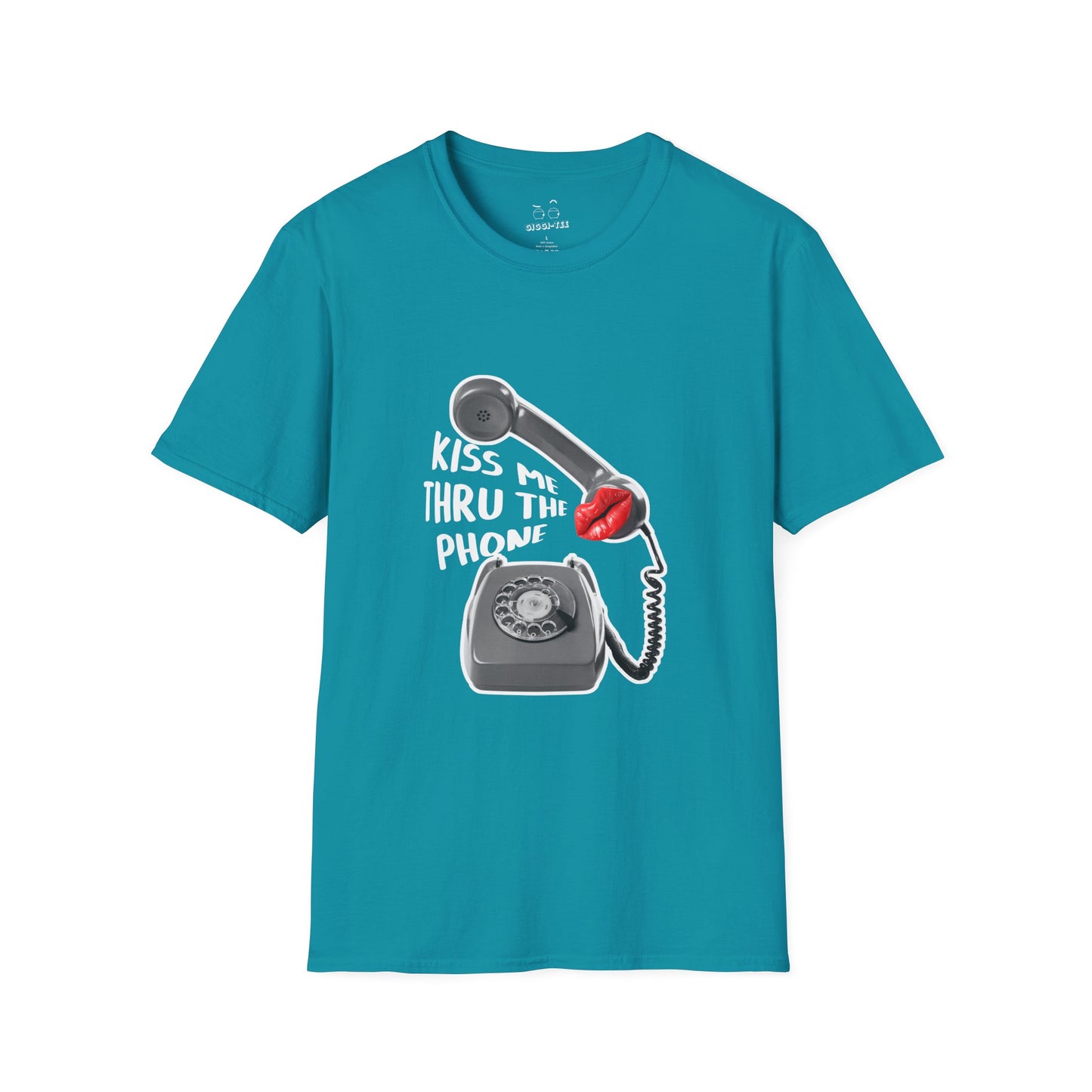 Kiss Me Thru the Phone t-shirt with rotary phone and lips, Soulja Boy inspired shirt, funny music parody tee.