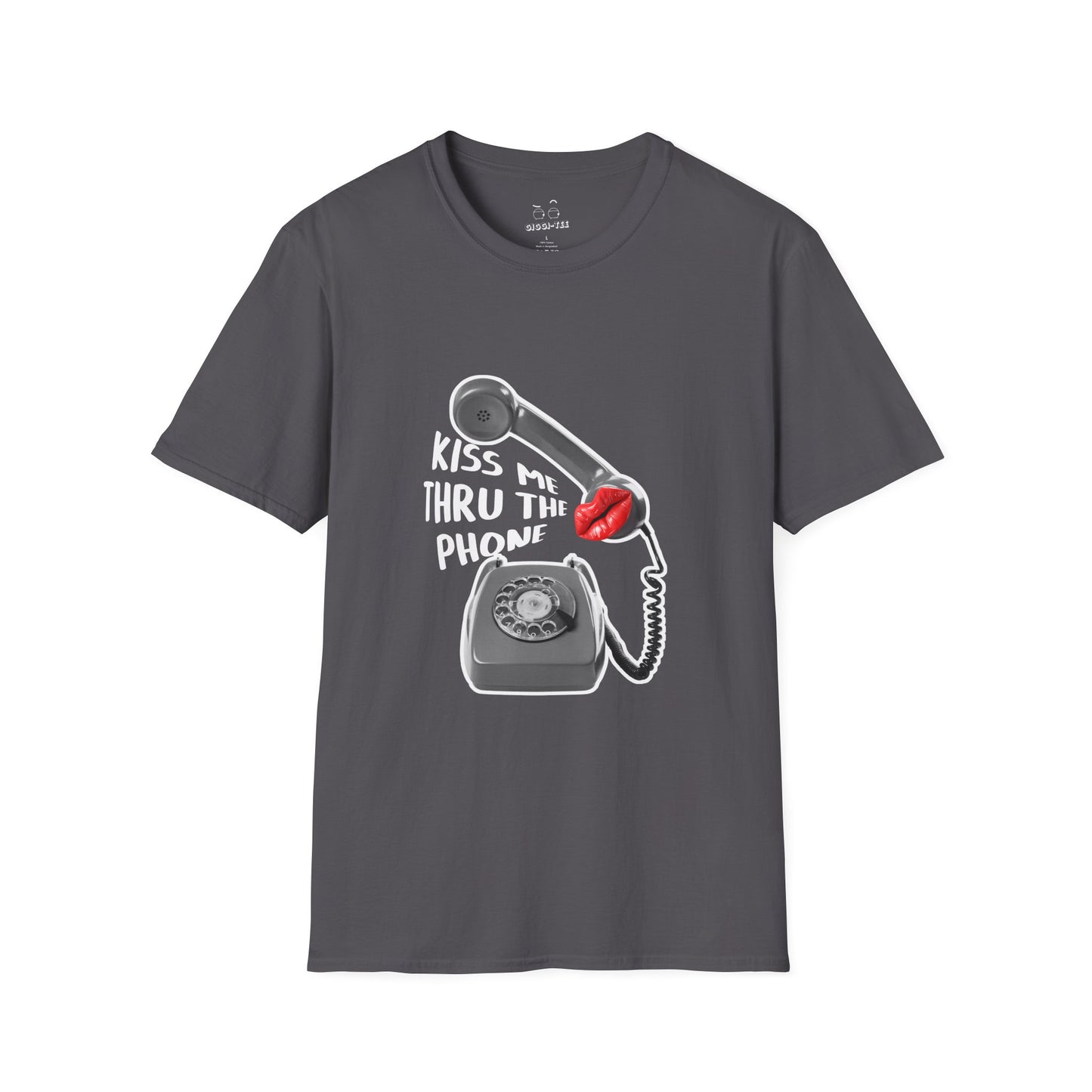 Kiss Me Thru the Phone t-shirt with rotary phone and lips, Soulja Boy inspired shirt, funny music parody tee.